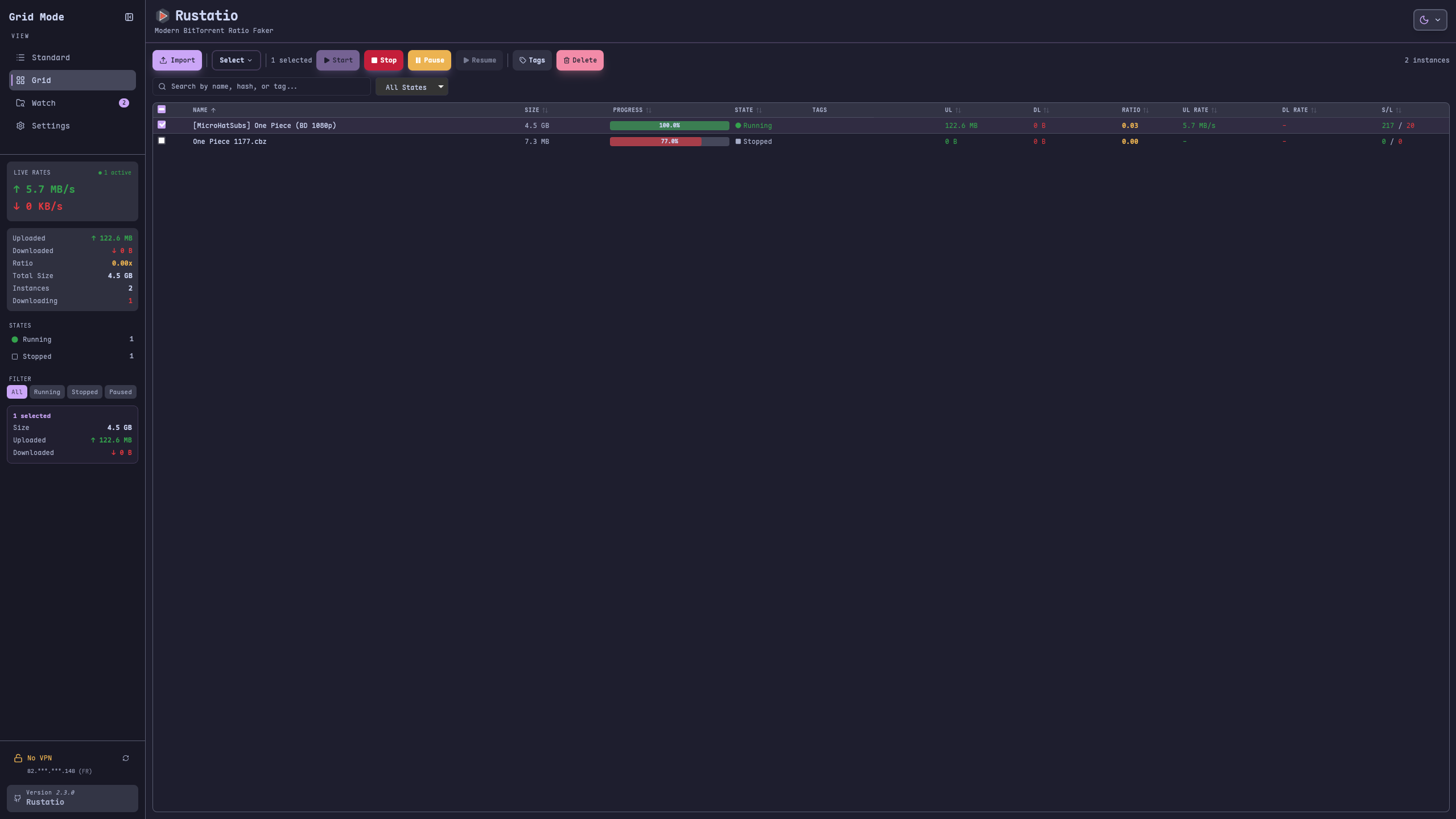 Rustatio grid view for multiple sessions